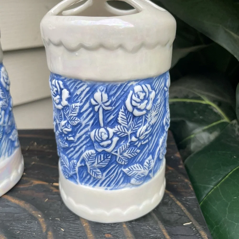 Blue White Lusterware Ceramic Bathroom 3pc. Set Soap Toothbrush Dish Holder